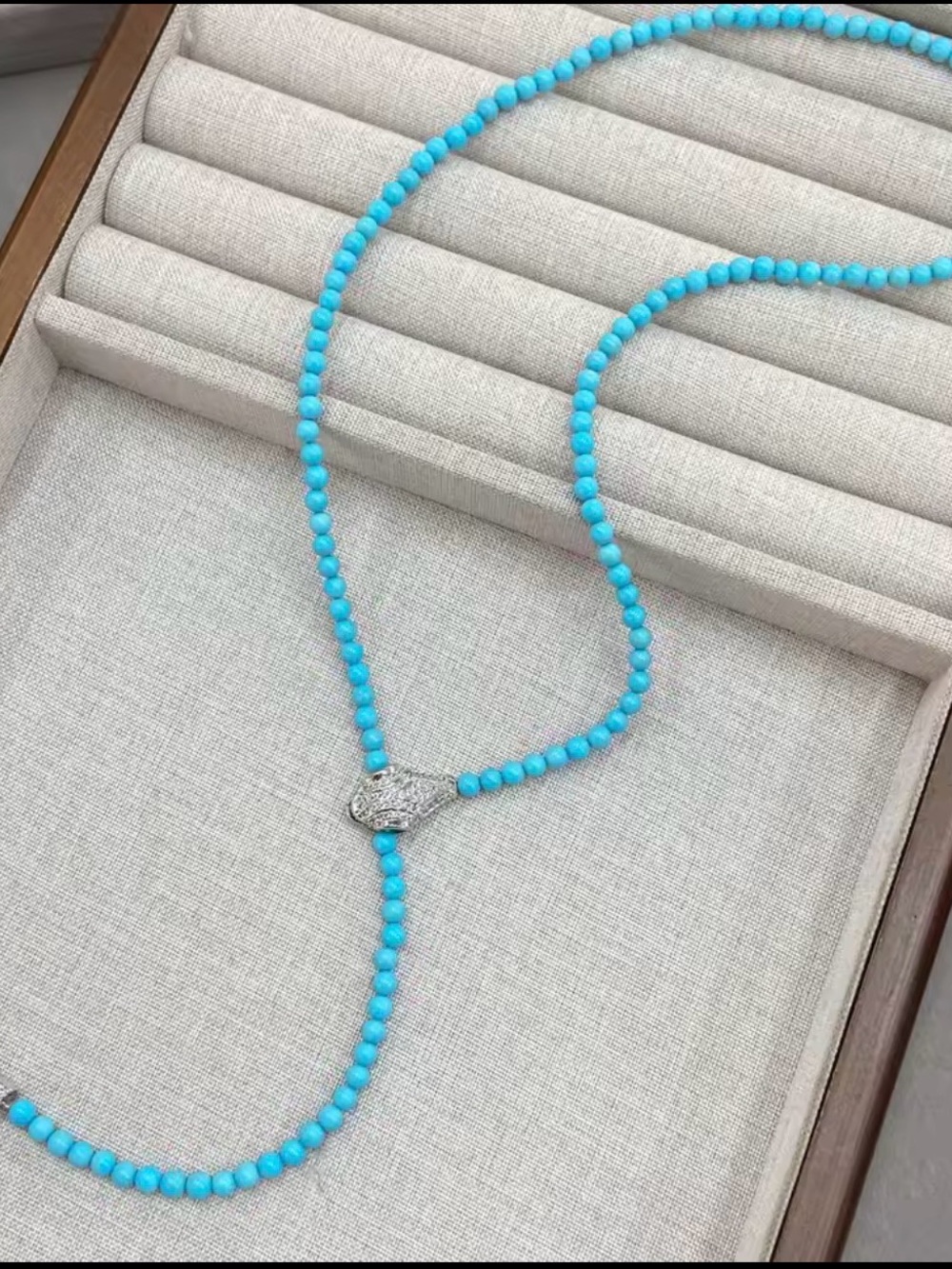 Turquoise Beaded Y-Shaped Necklace with Silver Pavé Accents adjustable snake - Picture 4 of 5